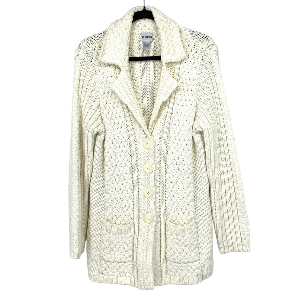 Chicos Long Line Cardigan Sweater Womens Size 1 US Medium Cream Chunky Knit